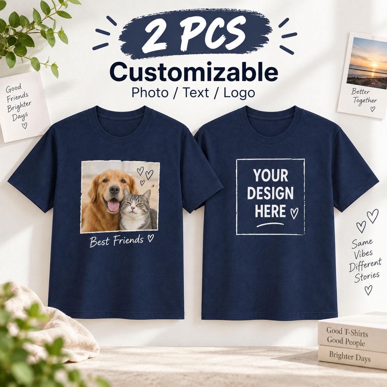 Pet Portrait Custom - 2 adet özel tasarım tişört, kişiselleştirilmiş